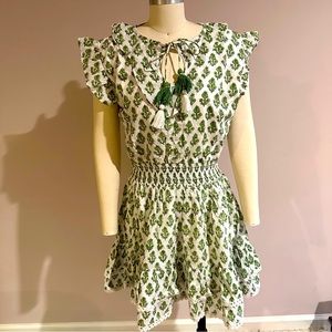 Madison Mathews Mini Dress, NWT size L, Hand Block White & Green Floral Print